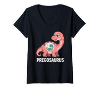 Femme Pregosaurus, Pregnant Dinosaur, Baby Pregnancy Announcement T-Shirt avec Col en V