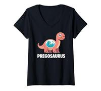 Femme Pregosaurus, Pregnant Dinosaur, Baby Pregnancy Announcement T-Shirt avec Col en V