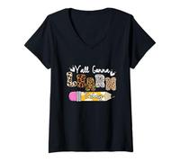 Femme Premier Jour d'école de Teacher Leopard, Vous Allez Tous Apprendre Aujourd'hui T-Shirt avec Col en V