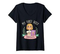 Femme Première Communion Fille eucharistie catholique 1ère Communion Foi T-Shirt avec Col en V