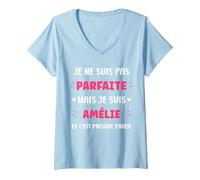 Femme Prénom Je ne suis Pas Parfaite mais Je suis Amélie T-Shirt avec Col en V, Bleu Céleste, XXL