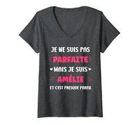 Femme Prénom Je ne suis Pas Parfaite mais Je suis Amélie T-Shirt avec Col en V, Chiné Foncé, XL