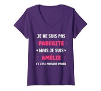 Femme Prénom Je ne suis Pas Parfaite mais Je suis Amélie T-Shirt avec Col en V, Violet, M