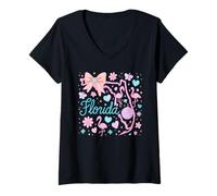 Femme Preppy Coquette Floride Flamant Rose Nœud Pastel Esthétique T-Shirt avec Col en V