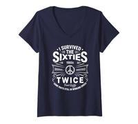 Femme Preppy : J'ai survécu deux fois aux années 60. Peace Love, 60e anniversaire T-Shirt avec Col en V