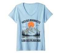 Femme Près Des Marmottes Loin Des Blaireau Camping Montagne Nature T-Shirt avec Col en V