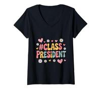 Femme Président de Classe Conseil étudiant Vibes Journée des élections Scolaires T-Shirt avec Col en V
