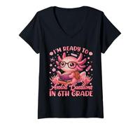 Femme Prête pour la 6e année Question Axolotl Mignon Premier Jour d'école T-Shirt avec Col en V
