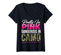 Femme Pretty Pink Dangerous in Camo Citation Design T-Shirt avec Col en V