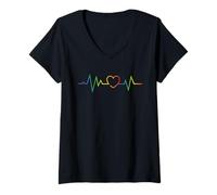 Femme Pride Rainbow Heartbeat LGBTQ+ Queer Gay Ally CSD Party T-Shirt avec Col en V