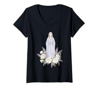 Femme Prière catholique Florale Blanche de Notre-Dame T-Shirt avec Col en V