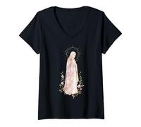Femme Prière catholique Florale de la Vierge Marie Rose T-Shirt avec Col en V