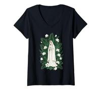 Femme Prière catholique Florale Mary Lily T-Shirt avec Col en V