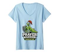 Femme Prière Guerrier Armure Dieu Prier Écriture Insecte Blague T-Shirt avec Col en V