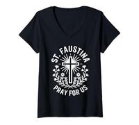 Femme Prière Sainte Faustine Dévotionnelle Foi catholique T-Shirt avec Col en V