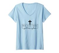 Femme Priez, attendez, ayez confiance que Dieu a un plan T-Shirt avec Col en V