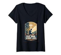 Femme Priez Plus, inquiétez-Vous, Moins, Foi croisée chrétienne T-Shirt avec Col en V