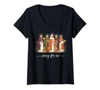 Femme Priez pour Nous Les Saints catholiques prière de la journée des Saints T-Shirt avec Col en V