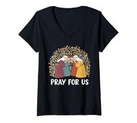 Femme Priez pour Nous Saints catholiques Prière familiale chrétienne T-Shirt avec Col en V