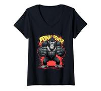 Femme Primal Power Gorille Boxe Énergie T-Shirt avec Col en V
