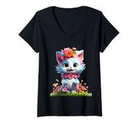 Femme Printemps Jardin Chaton Fleur Chat Fille Floral Blossom T-Shirt avec Col en V