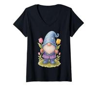 Femme Printemps Tulip GNOME Mignon Fleur GNOME Jardin Amour Pâques T-Shirt avec Col en V