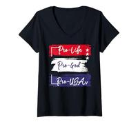 Femme Pro Life, Pro God Pro USA Prolife Drapeau catholique Conservatif T-Shirt avec Col en V