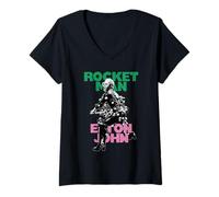 Femme Produit officiel Elton John X Rocketman Noir T-Shirt avec Col en V