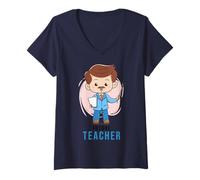 Femme Professeur caricatural Tenant Papier et Baguette T-Shirt avec Col en V