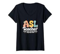 Femme Professeur d'ASL Retro Groovy, École américaine de Langue des Signes T-Shirt avec Col en V