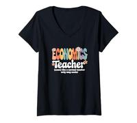 Femme Professeur d'économie Retro Groovy, école de Finance et de marché monétaire T-Shirt avec Col en V
