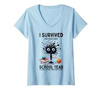 Femme Professeur drôle auquel j'ai survécu le dernier jour de l'année scolaire 2025 T-Shirt avec Col en V