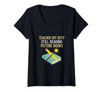 Femme Professeur Hors Service, lisant Encore des Livres d'images, éducateur T-Shirt avec Col en V