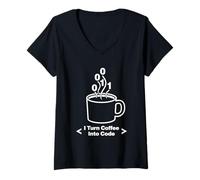Femme Programmateur Amusant avec Inscription « I Turn Coffee Into Code » T-Shirt avec Col en V