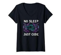 Femme Programmer Hacker No Sleep Just Code Cyberpunk Brain T-Shirt avec Col en V