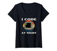 Femme Programmer Retro Computer I Code At Night T-Shirt avec Col en V