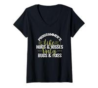 Femme Programmer's Life Hugs & Kisses Only Bugs & Corrections T-Shirt avec Col en V