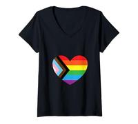 Femme Progrès Fierté Rainbow Heart LGBTQ+ T-Shirt avec Col en V