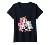 Femme Promoted to Big Sister Girls Cute Unicorn Older Sister T-Shirt avec Col en V