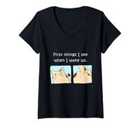 Femme Propriétaire de Chat First Things I See When I Wake Up T-Shirt avec Col en V