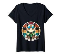 Femme Propriétaire de chat sibérien Summer Vibes Vacation Vacances Maman Lady T-Shirt avec Col en V