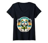 Femme Propriétaire de chien havanais Summer Vibes Vacation Tropical Holiday T-Shirt avec Col en V