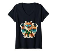 Femme Propriétaire de chien Spitz finlandais Summer Vibes Vacances Plage T-Shirt avec Col en V