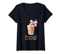 Femme Propulsé par Jesus et Iced Coffee Coquette Retro Christian T-Shirt avec Col en V