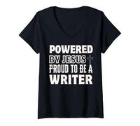 Femme Propulsé par Jésus Fier d'être écrivain chrétien T-Shirt avec Col en V
