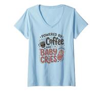 Femme Propulsé par Le café et bébé pleure Une Nouvelle Maman infirmière Post-Partum T-Shirt avec Col en V