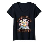 Femme Propulsé par Love and Coffee Cat MOM Graphic Cute Kittens T-Shirt avec Col en V