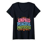 Femme Protection paisible Non payée Typographie colorée T-Shirt avec Col en V