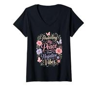 Femme Protéger Ma Paix des Énergies Négatives T-Shirt avec Col en V