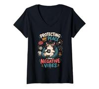 Femme Proteger Ma Paix des Mauvaises Energies - Chat T-Shirt avec Col en V